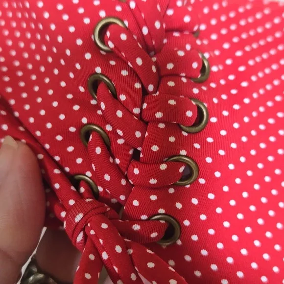 Roxy Red/White Polka Dot Retro Lace-Up Bikini Top - Picture 3 of 7